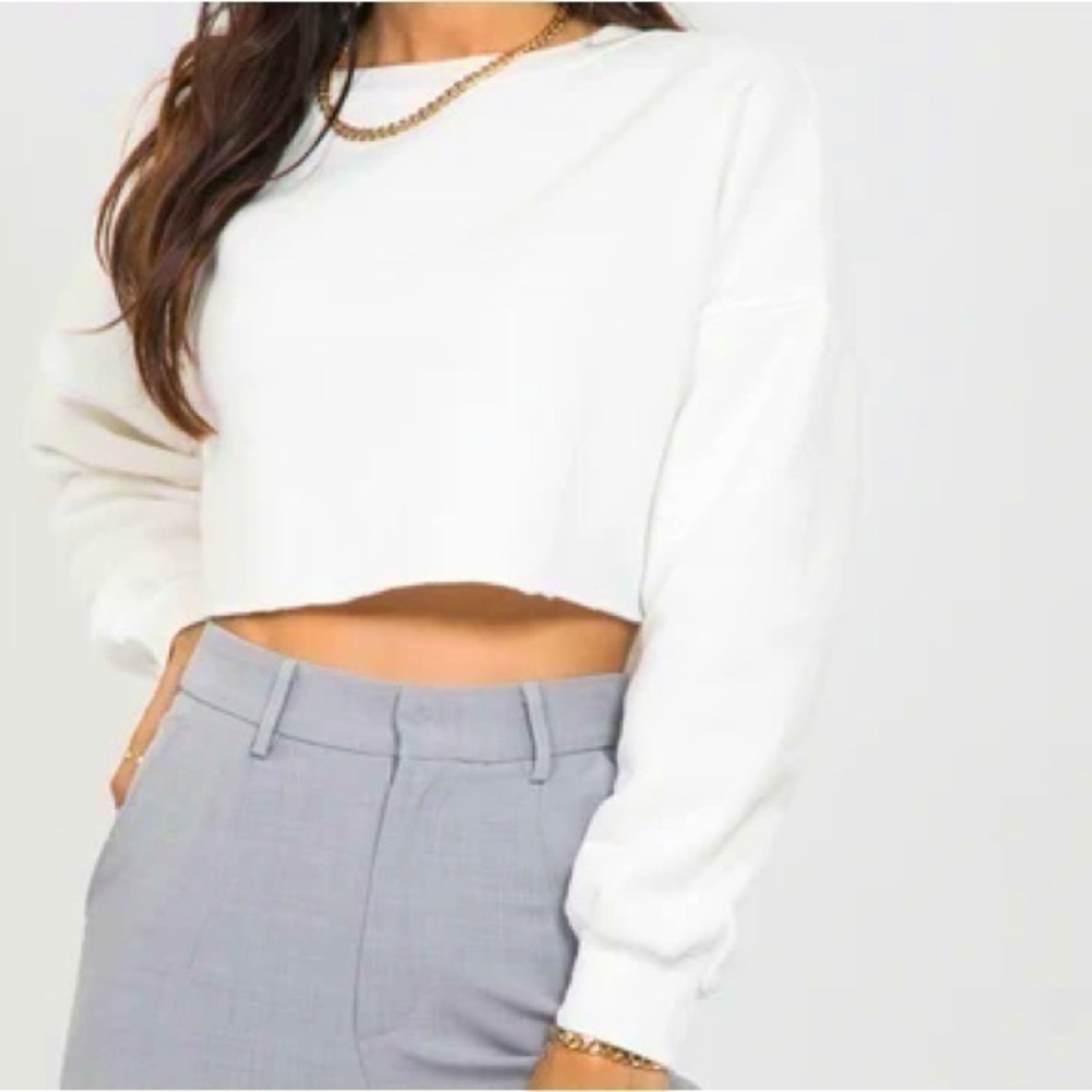 ASOS bershka white cropped raw hem long sleeve sweatshirt pullover size S NWOT